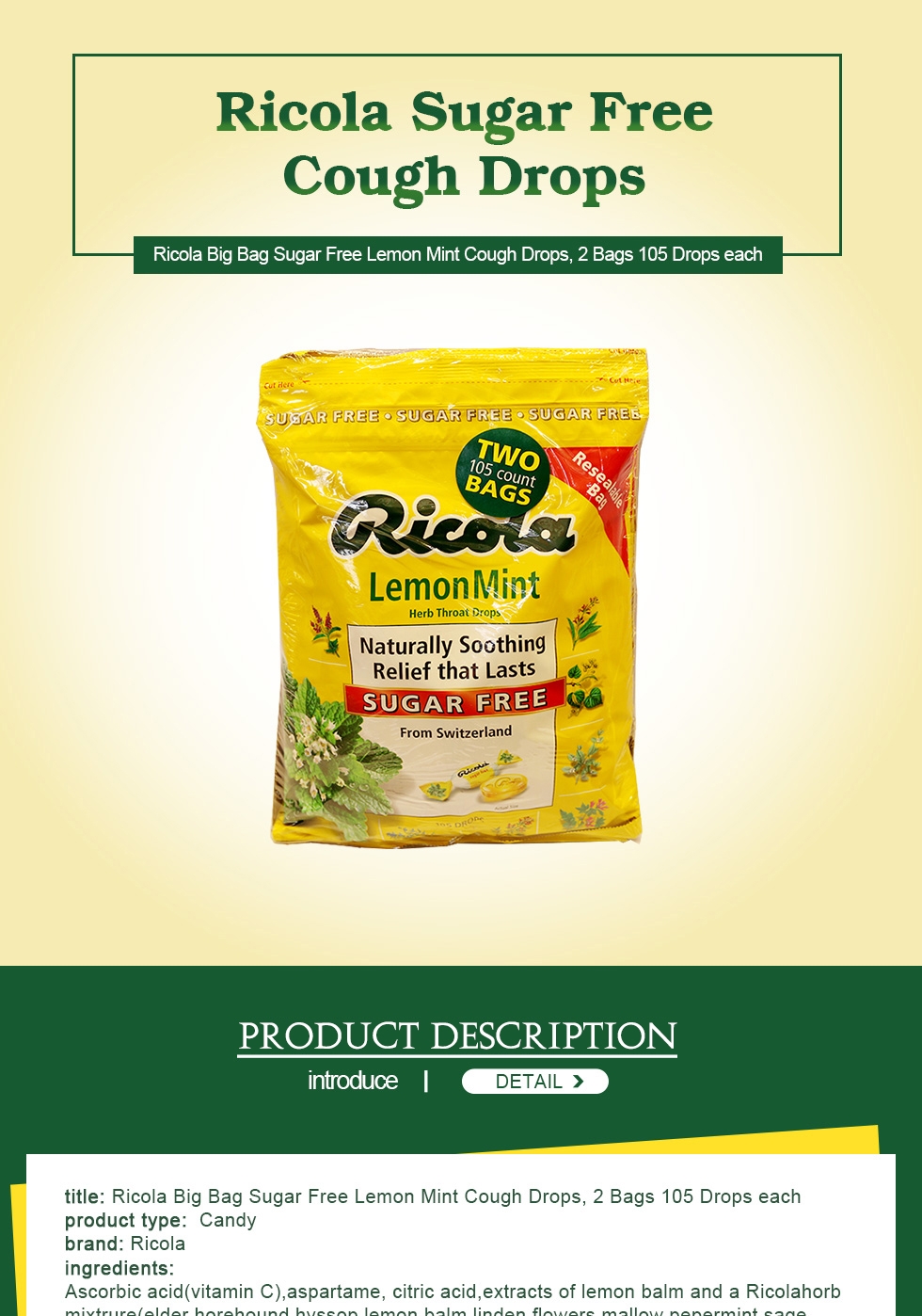 Ricola Sugar Free Lemon Mint Herb Throat Drops, 105 ct.