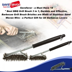 Savefavor - a Must Have 18" Best BBQ Grill Brush 3 in 1, Durable and Effective, Barbecue Grill Brush Bristles are Made of Stainless Steel Woven W