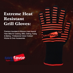 Extreme Heat Resistant Grill Gloves: Premium Insulated & Silicone Lined Aramid Fiber Mitts for Cooking, BBQ, Grilling, Frying & Baking- 1 pair