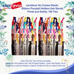 savefavor No Crease Elastic Ribbon Ponytail Holders Hair Bands, Prints and Solids,100 Ties