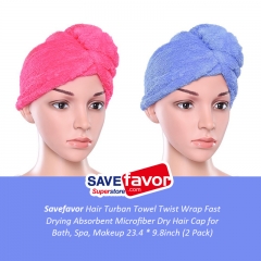 savefavor Hair Turban Towel Twist Wrap Fast Drying Absorbent Microfiber Dry Hair Cap for Bath, Spa, Makeup 23.4 * 9.8inch (2 Pack)